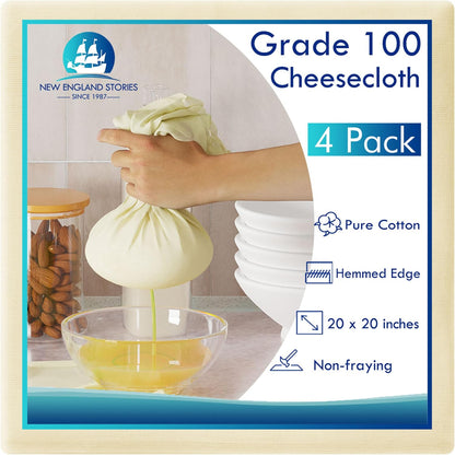 Reusable Cheesecloth, Grade 100, 20x20 Inch Hemmed Cheese Cloth for Straining Craft, 100% Cotton Unbleached Cloth Strainer for Cooking, Baking, Juicing, Cheese Making