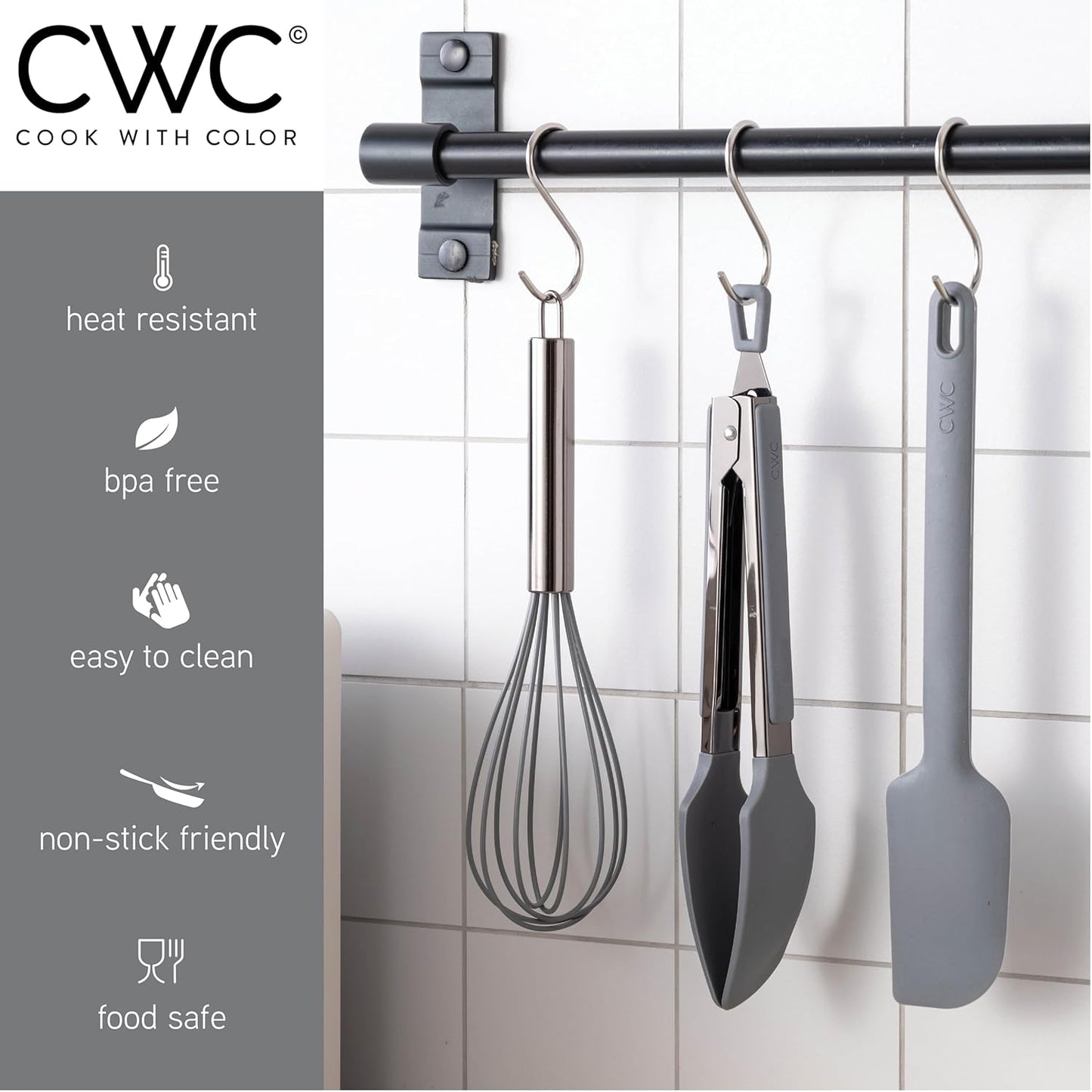 Stainless Steel Silicone Tipped Kitchen & BBQ Tongs Set, 3 Pc Utensils, Grey