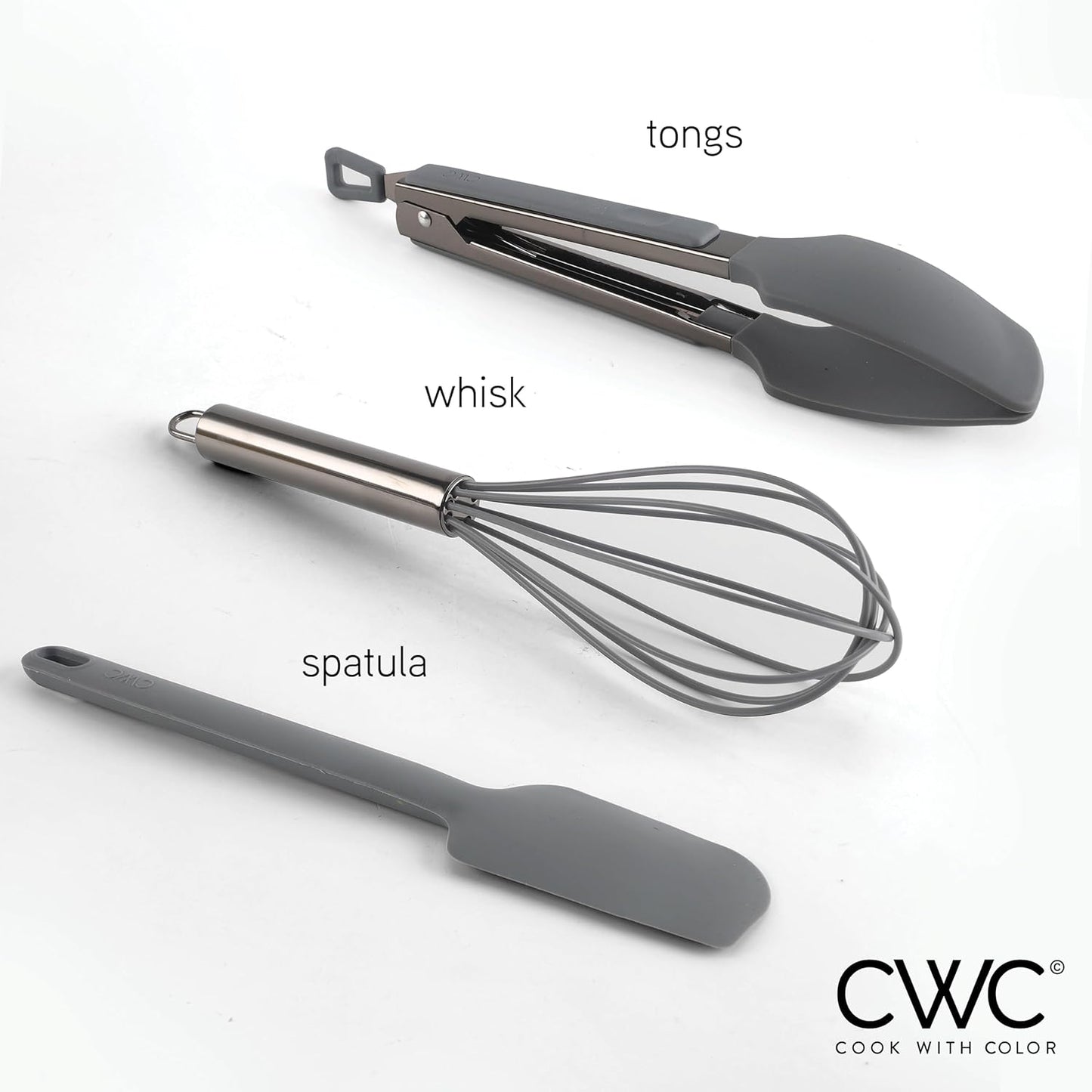 Stainless Steel Silicone Tipped Kitchen & BBQ Tongs Set, 3 Pc Utensils, Grey