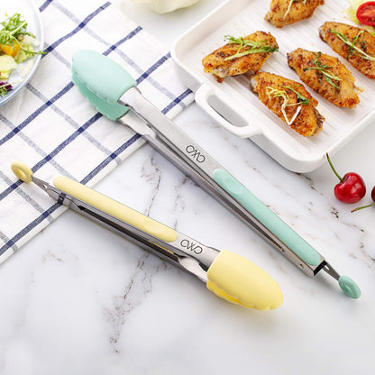 Stainless Steel Silicone Tipped Kitchen & BBQ Tongs Set, 3 Pc Utensils, Grey