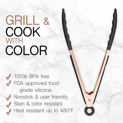 Stainless Steel Silicone Tipped Kitchen & BBQ Tongs Set, 3 Pc Utensils, Grey