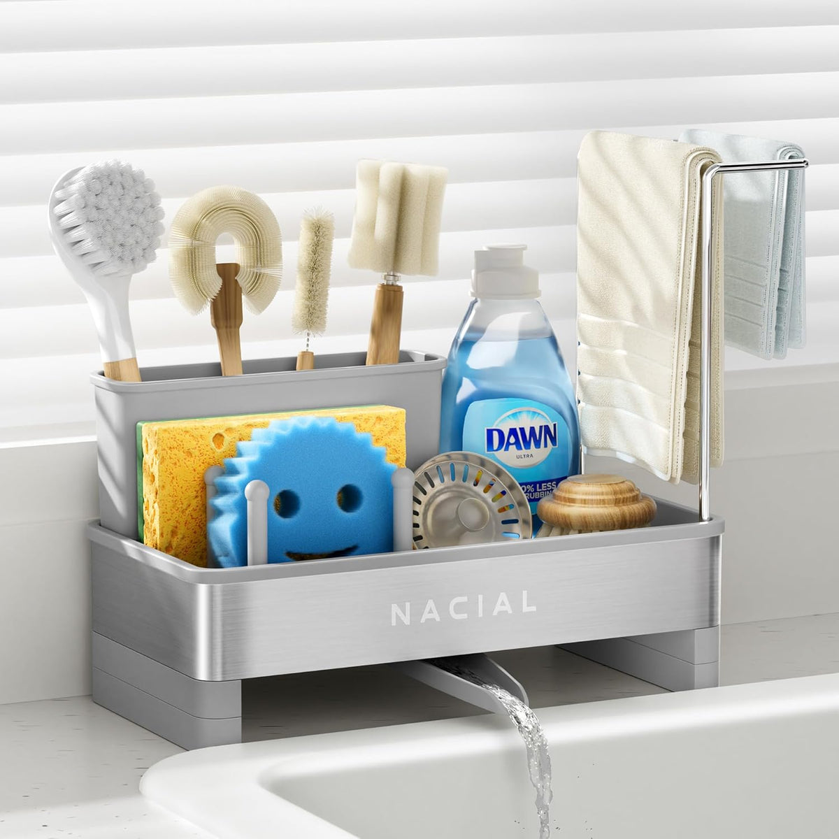 Nacial Kitchen Sink Caddy Organzier with High Brush Holder, Sponge Holder for Kitchen Sink with Two Towel Racks - Rustproof 304 Stainless Steel Kitchen Countertop Storage Essentials