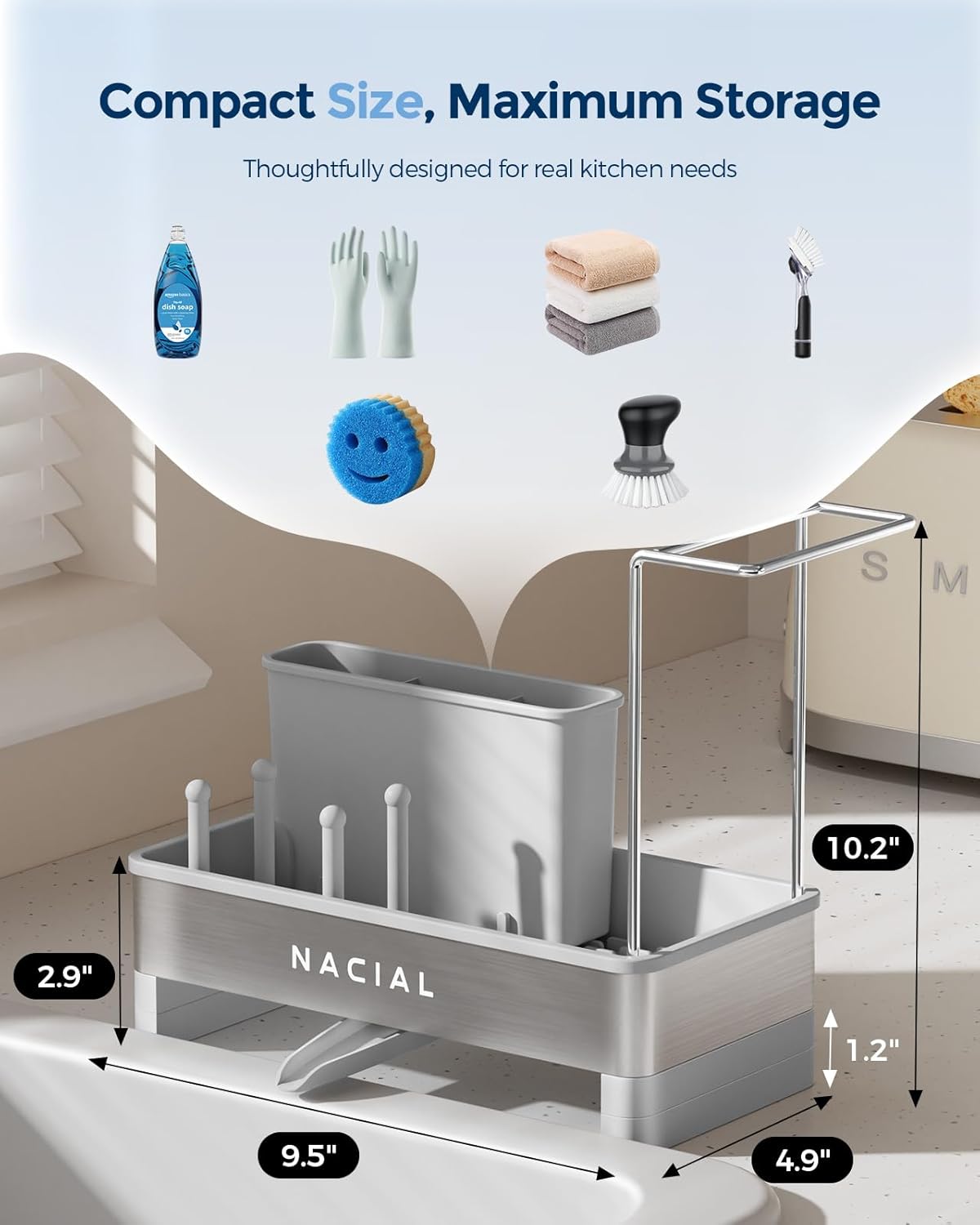 Nacial Kitchen Sink Caddy Organzier with High Brush Holder, Sponge Holder for Kitchen Sink with Two Towel Racks - Rustproof 304 Stainless Steel Kitchen Countertop Storage Essentials
