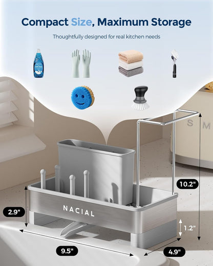 Nacial Kitchen Sink Caddy Organzier with High Brush Holder, Sponge Holder for Kitchen Sink with Two Towel Racks - Rustproof 304 Stainless Steel Kitchen Countertop Storage Essentials