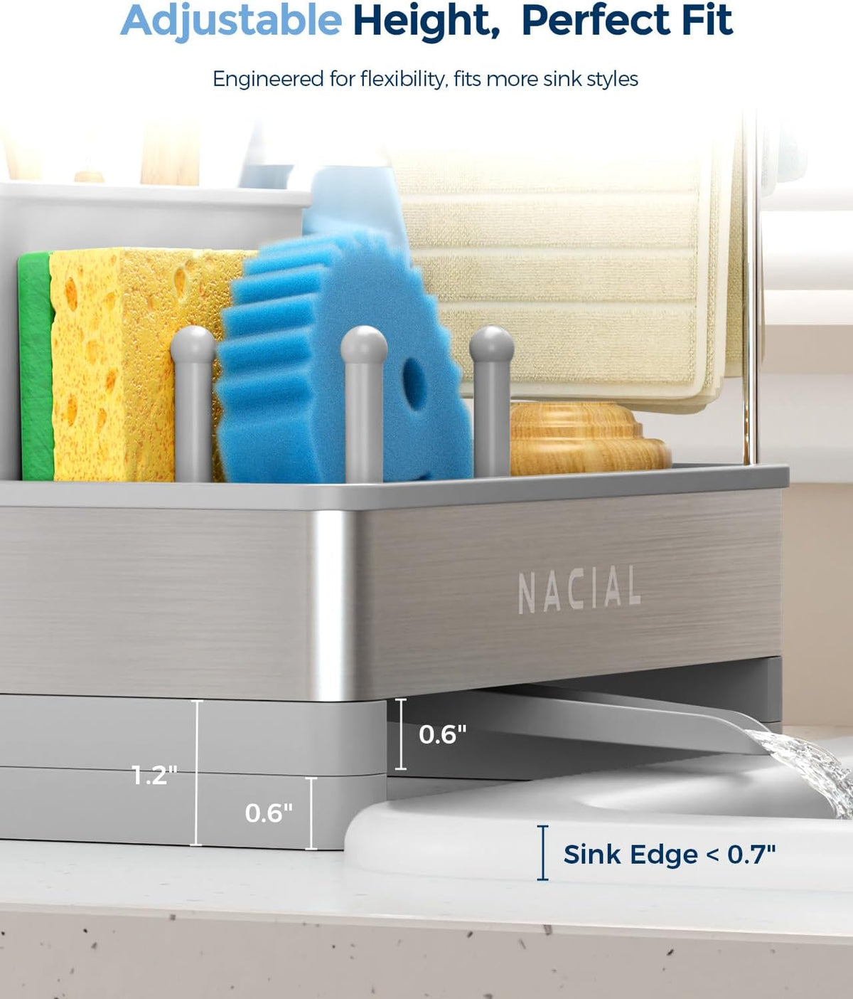 Nacial Kitchen Sink Caddy Organzier with High Brush Holder, Sponge Holder for Kitchen Sink with Two Towel Racks - Rustproof 304 Stainless Steel Kitchen Countertop Storage Essentials