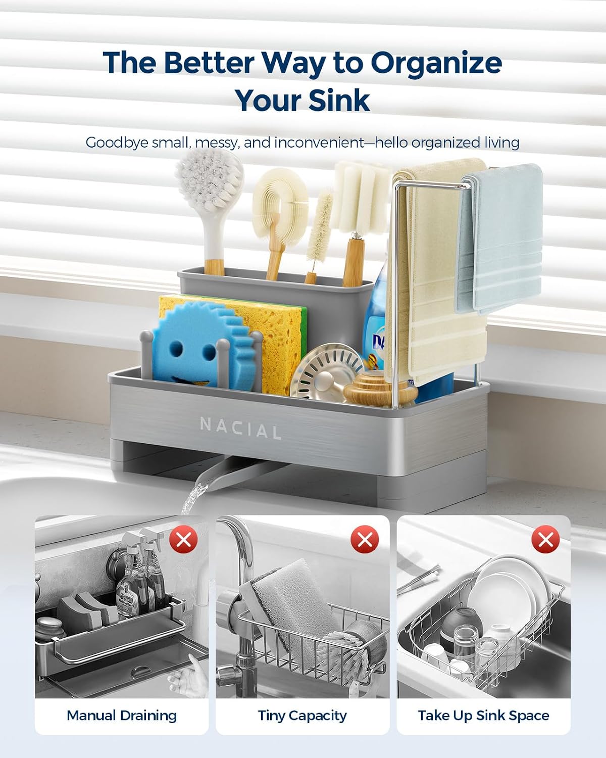 Nacial Kitchen Sink Caddy Organzier with High Brush Holder, Sponge Holder for Kitchen Sink with Two Towel Racks - Rustproof 304 Stainless Steel Kitchen Countertop Storage Essentials