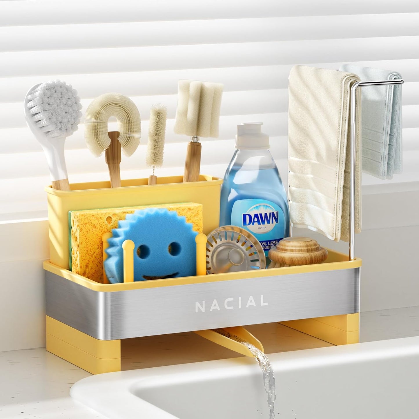 Nacial Kitchen Sink Caddy Organzier with High Brush Holder, Sponge Holder for Kitchen Sink with Two Towel Racks - Rustproof 304 Stainless Steel Kitchen Countertop Storage Essentials