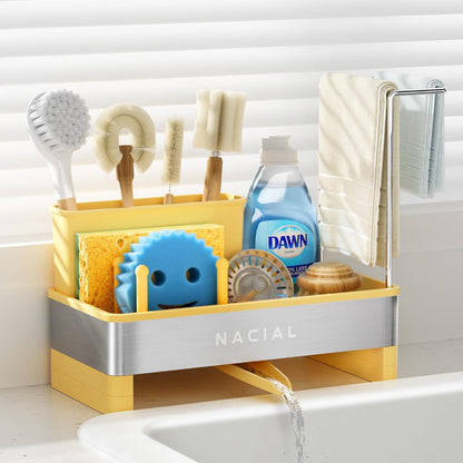 Nacial Kitchen Sink Caddy Organzier with High Brush Holder, Sponge Holder for Kitchen Sink with Two Towel Racks - Rustproof 304 Stainless Steel Kitchen Countertop Storage Essentials