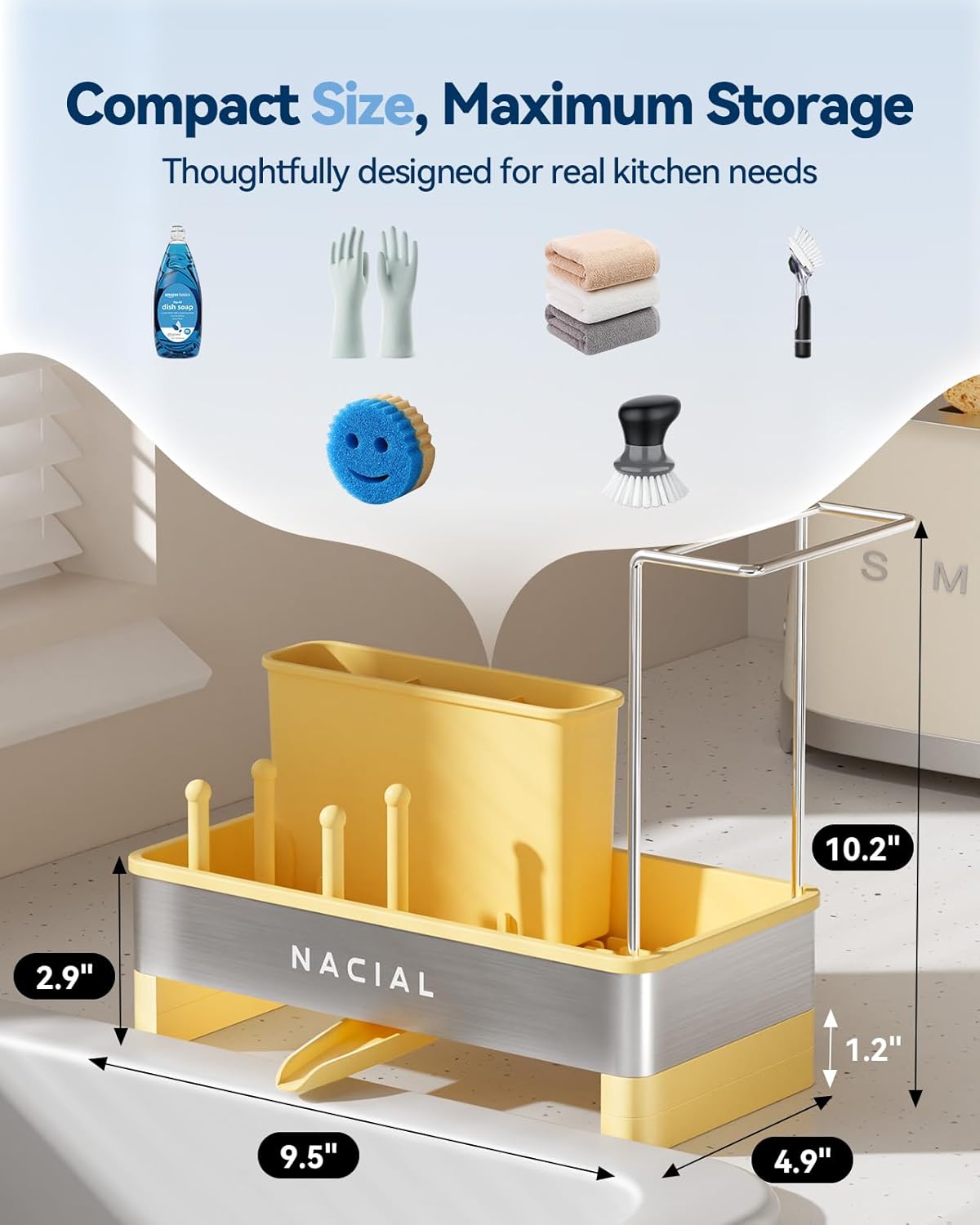 Nacial Kitchen Sink Caddy Organzier with High Brush Holder, Sponge Holder for Kitchen Sink with Two Towel Racks - Rustproof 304 Stainless Steel Kitchen Countertop Storage Essentials