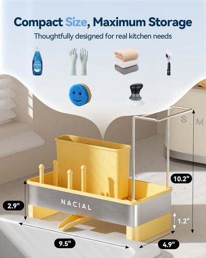 Nacial Kitchen Sink Caddy Organzier with High Brush Holder, Sponge Holder for Kitchen Sink with Two Towel Racks - Rustproof 304 Stainless Steel Kitchen Countertop Storage Essentials
