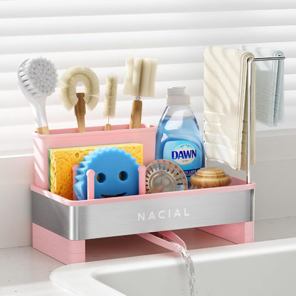 Nacial Kitchen Sink Caddy Organzier with High Brush Holder, Sponge Holder for Kitchen Sink with Two Towel Racks - Rustproof 304 Stainless Steel Kitchen Countertop Storage Essentials