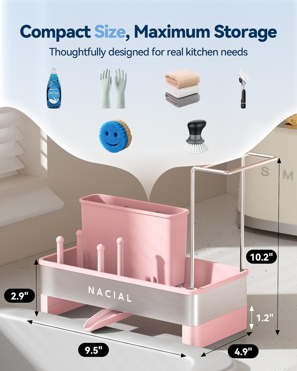 Nacial Kitchen Sink Caddy Organzier with High Brush Holder, Sponge Holder for Kitchen Sink with Two Towel Racks - Rustproof 304 Stainless Steel Kitchen Countertop Storage Essentials