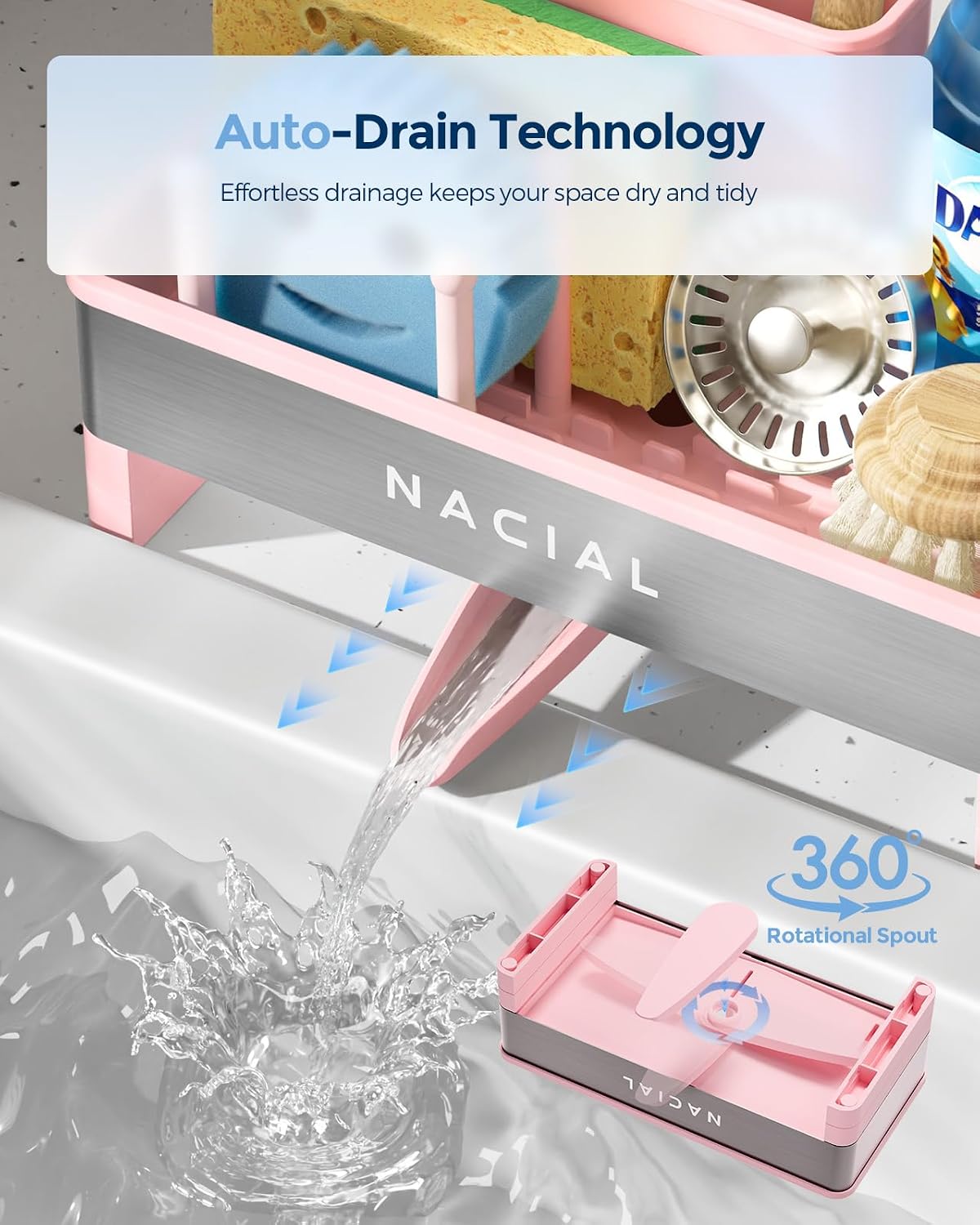 Nacial Kitchen Sink Caddy Organzier with High Brush Holder, Sponge Holder for Kitchen Sink with Two Towel Racks - Rustproof 304 Stainless Steel Kitchen Countertop Storage Essentials