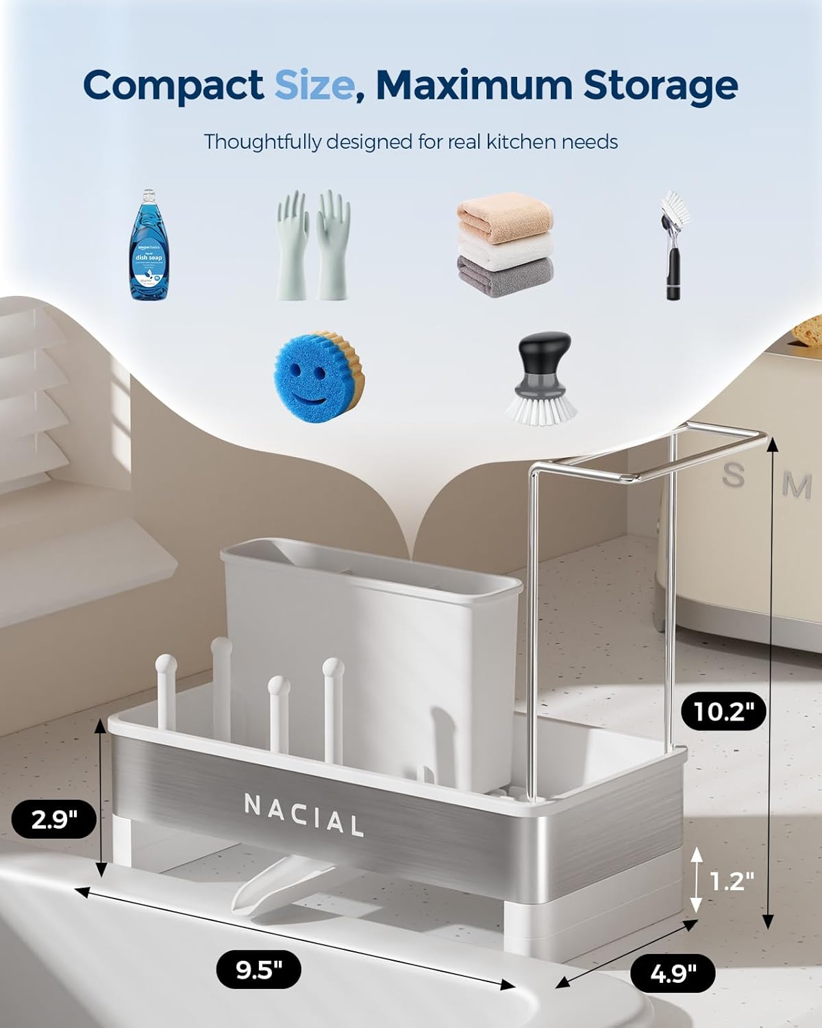 Nacial Kitchen Sink Caddy Organzier with High Brush Holder, Sponge Holder for Kitchen Sink with Two Towel Racks - Rustproof 304 Stainless Steel Kitchen Countertop Storage Essentials