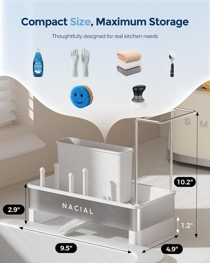Nacial Kitchen Sink Caddy Organzier with High Brush Holder, Sponge Holder for Kitchen Sink with Two Towel Racks - Rustproof 304 Stainless Steel Kitchen Countertop Storage Essentials