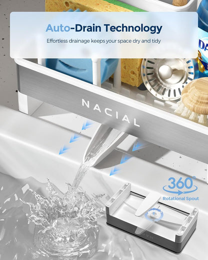 Nacial Kitchen Sink Caddy Organzier with High Brush Holder, Sponge Holder for Kitchen Sink with Two Towel Racks - Rustproof 304 Stainless Steel Kitchen Countertop Storage Essentials