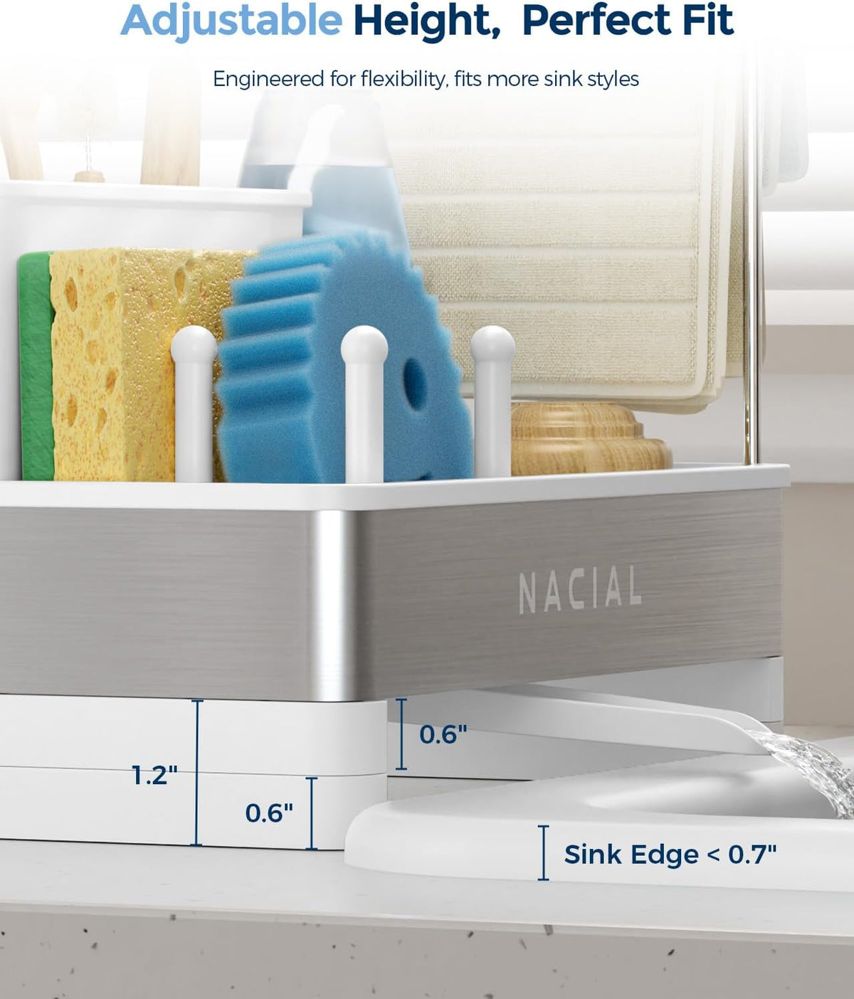 Nacial Kitchen Sink Caddy Organzier with High Brush Holder, Sponge Holder for Kitchen Sink with Two Towel Racks - Rustproof 304 Stainless Steel Kitchen Countertop Storage Essentials