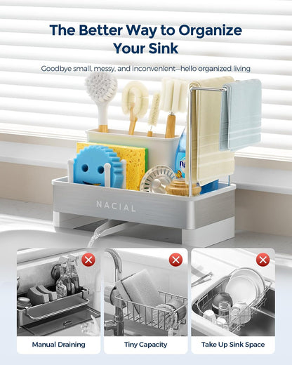 Nacial Kitchen Sink Caddy Organzier with High Brush Holder, Sponge Holder for Kitchen Sink with Two Towel Racks - Rustproof 304 Stainless Steel Kitchen Countertop Storage Essentials