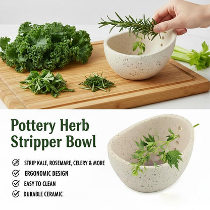 Handmade Ceramic Herb Stripper Bowl, Pottery Herb Stripping Bowl Peeling Cup with Different Hole Sizes for Separating Leaves and Stems (White)