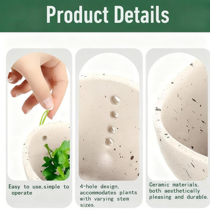 Handmade Ceramic Herb Stripper Bowl, Pottery Herb Stripping Bowl Peeling Cup with Different Hole Sizes for Separating Leaves and Stems (White)