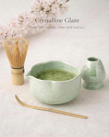 Matcha Set, 4-Piece Matcha Whisk Set with Crystal Glazed Bowl