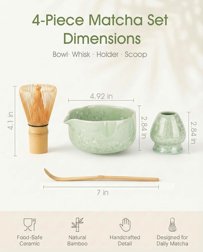 Matcha Set, 4-Piece Matcha Whisk Set with Crystal Glazed Bowl