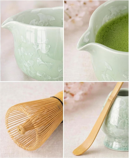 Matcha Set, 4-Piece Matcha Whisk Set with Crystal Glazed Bowl