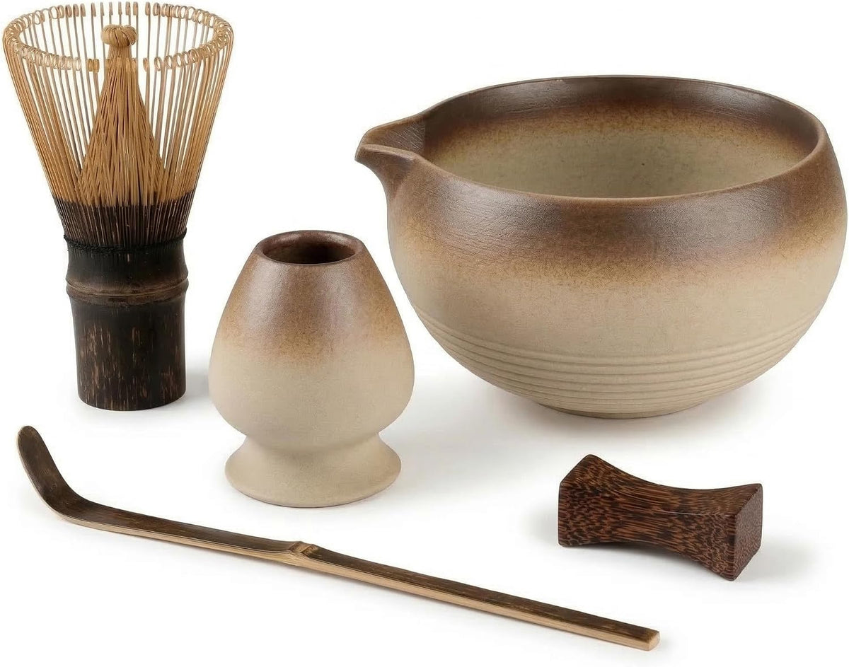 Matcha Set, 4-Piece Matcha Whisk Set with Crystal Glazed Bowl
