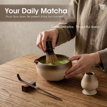 Matcha Set, 4-Piece Matcha Whisk Set with Crystal Glazed Bowl