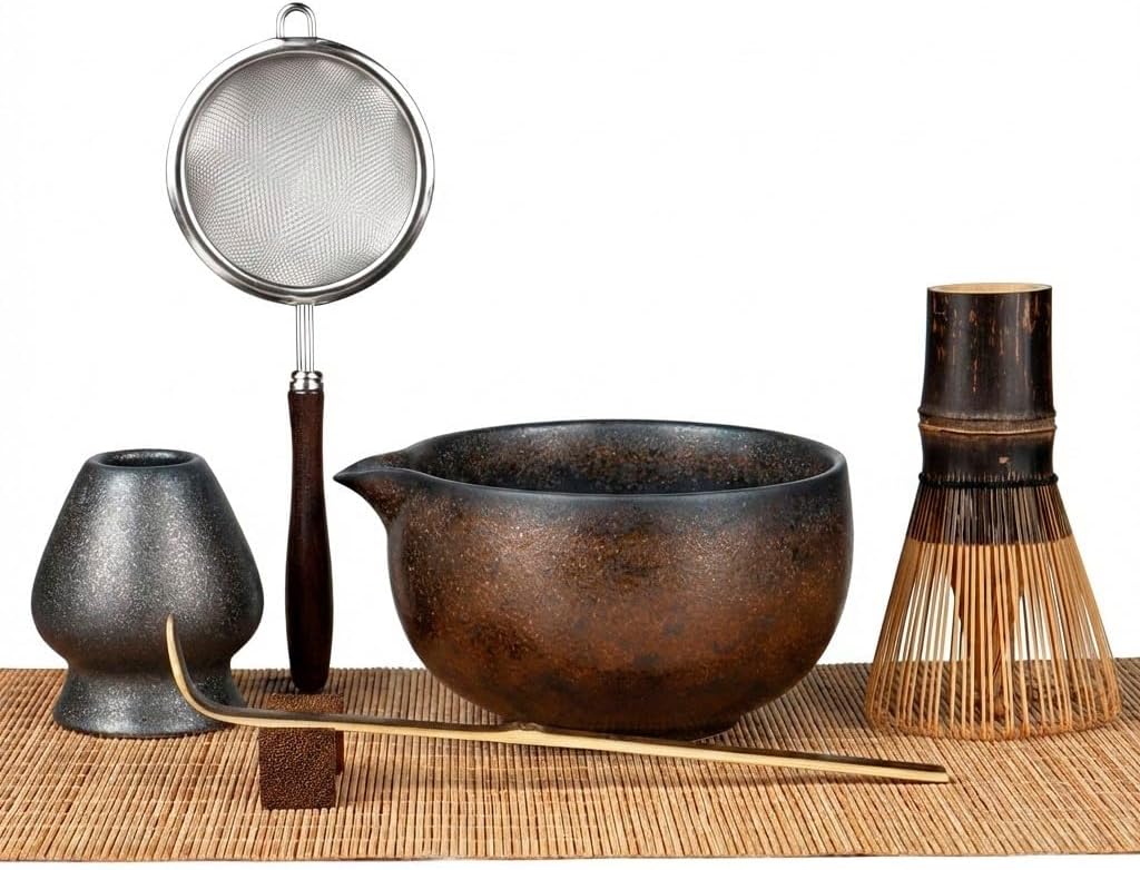 Matcha Set, 4-Piece Matcha Whisk Set with Crystal Glazed Bowl