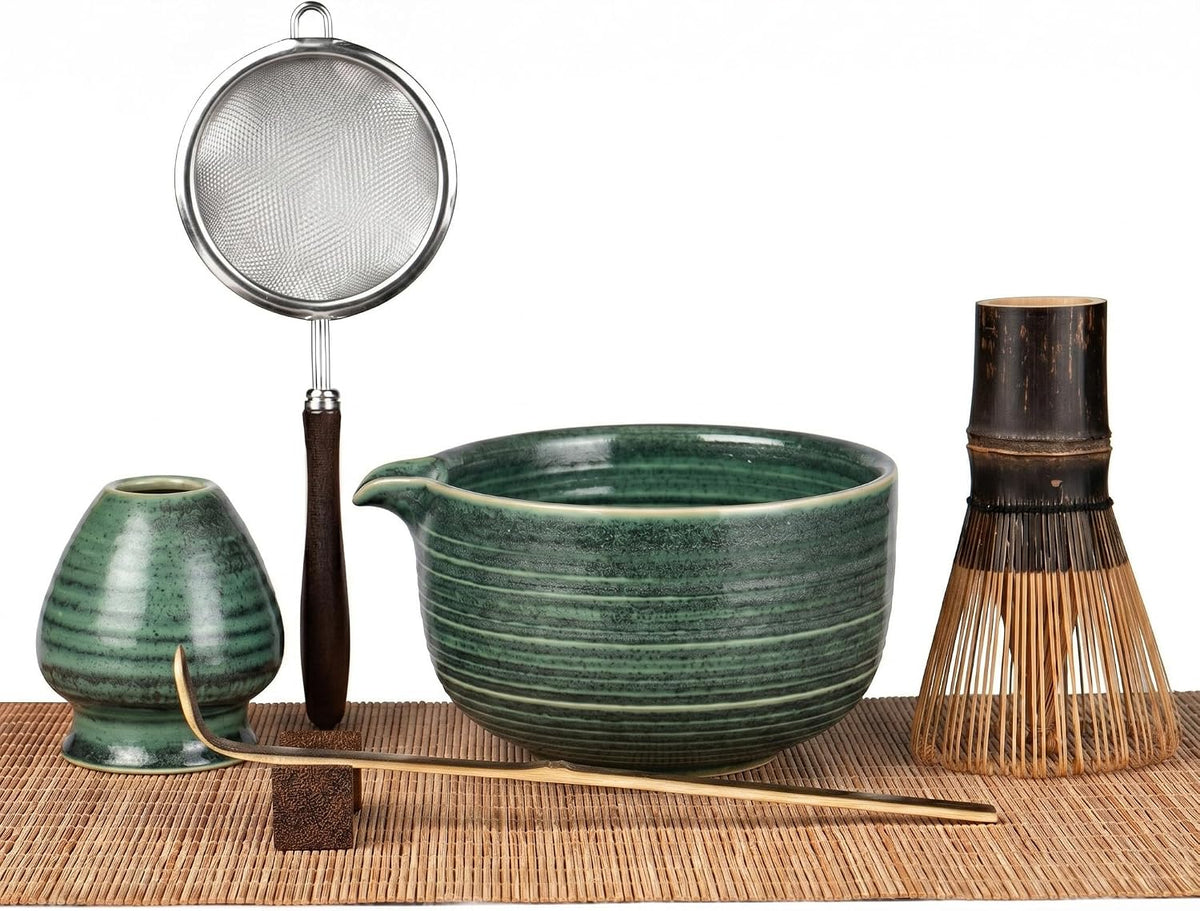 Matcha Set, 4-Piece Matcha Whisk Set with Crystal Glazed Bowl
