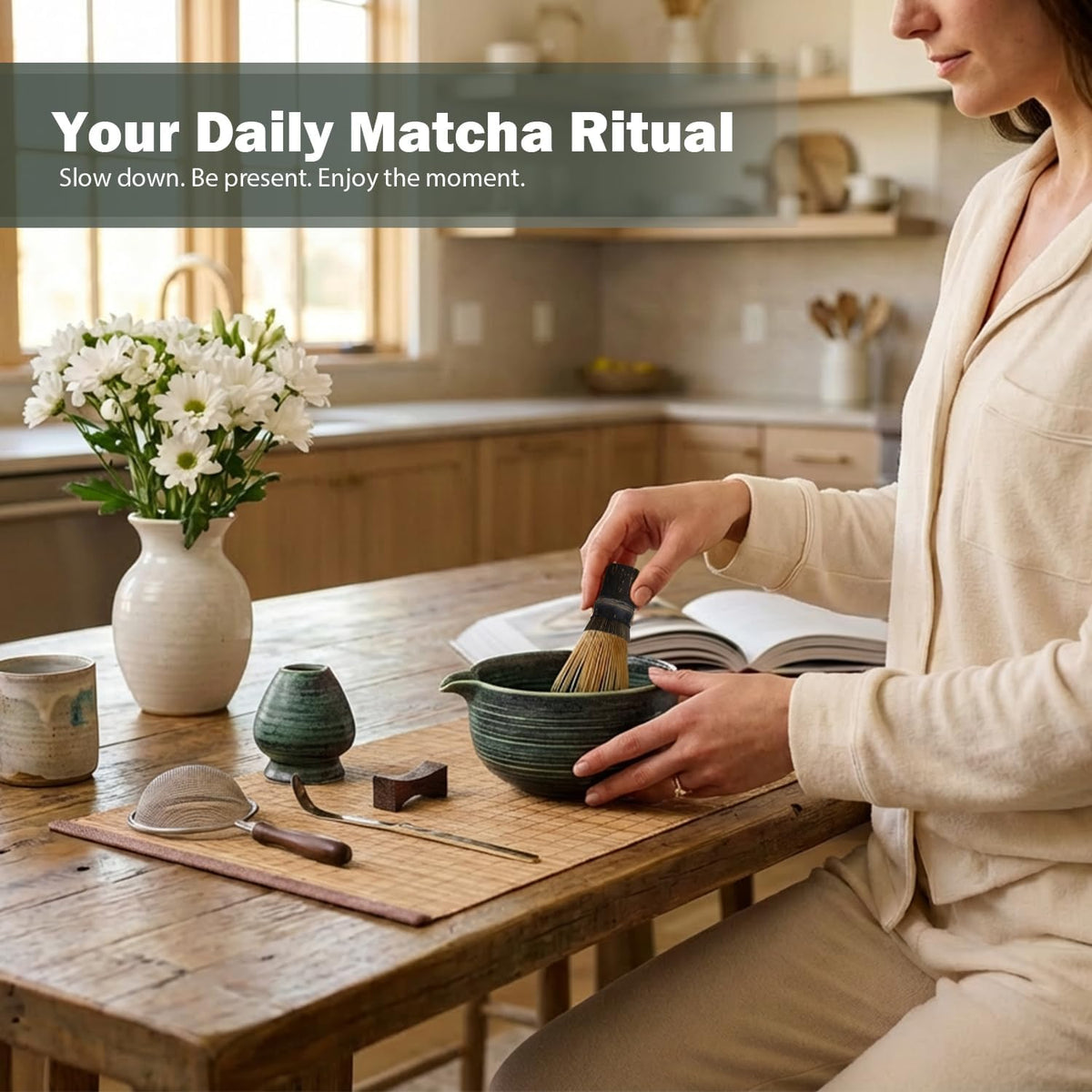 Matcha Set, 4-Piece Matcha Whisk Set with Crystal Glazed Bowl