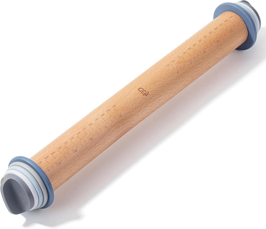 Adjustable Rolling Pin with Thickness Rings, 13.8", 4 Rings | 2-10 mm / 1/16"-3/8", Wood Rolling Pins for Baking Bread, Pizza, Doughs