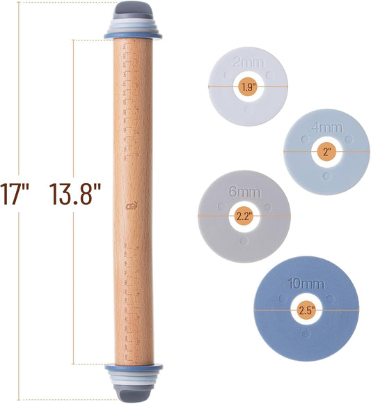 Adjustable Rolling Pin with Thickness Rings, 13.8", 4 Rings | 2-10 mm / 1/16"-3/8", Wood Rolling Pins for Baking Bread, Pizza, Doughs