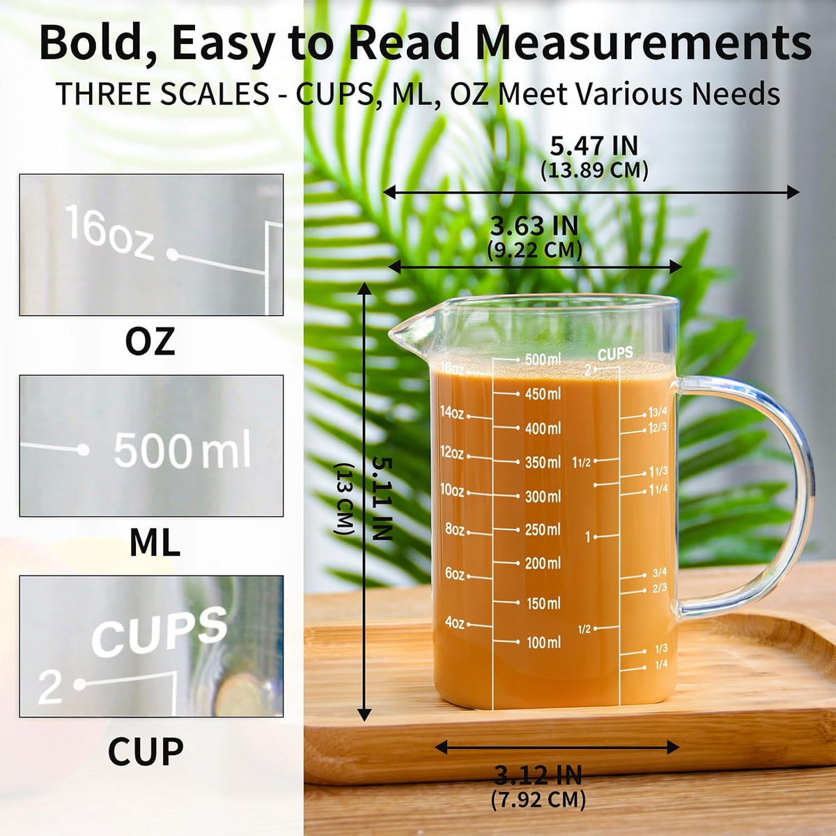 2 Cup Glass Measuring Cup (0.5L), High Borosilicate Glass Measuring Cup