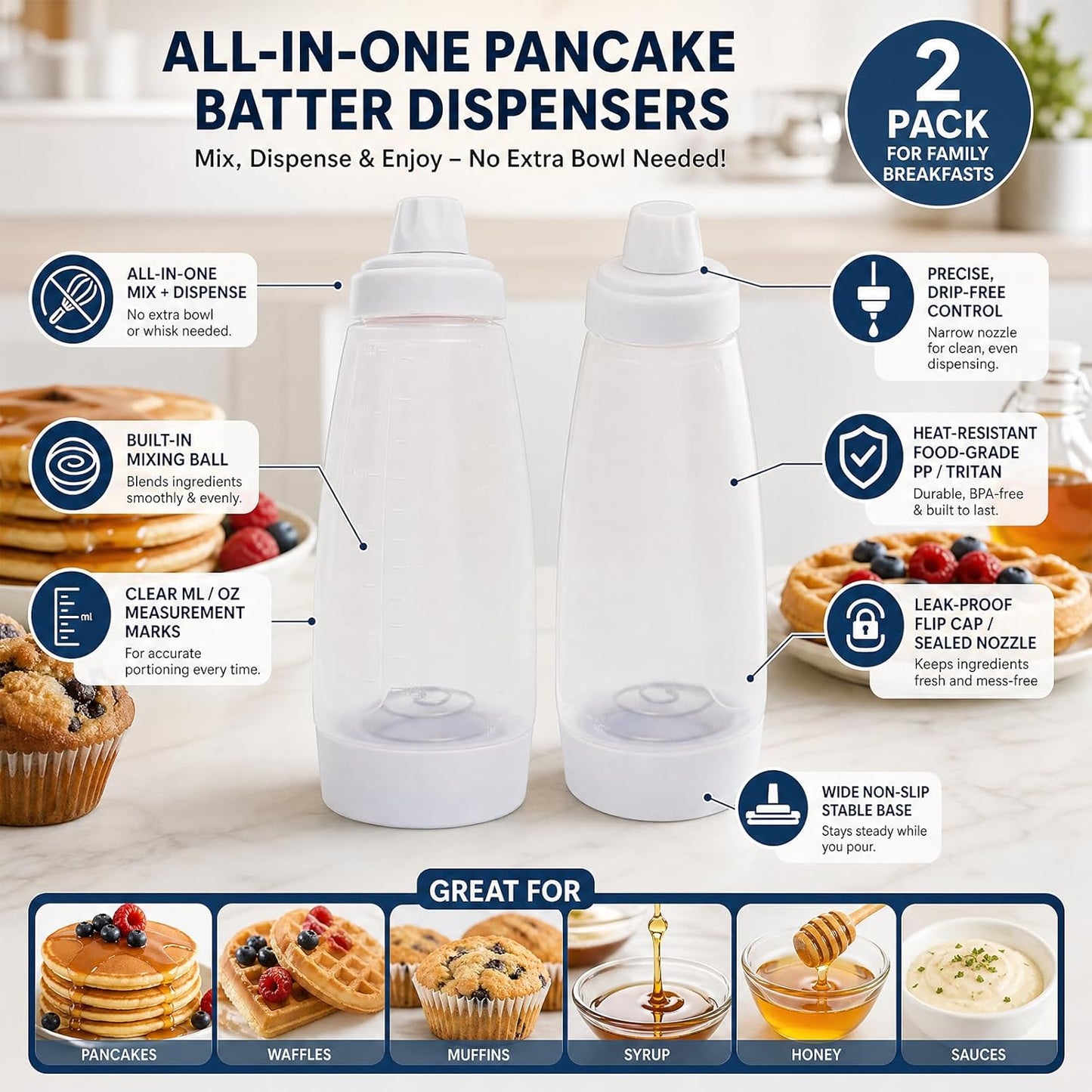 2-piece pancake batter dispenser with mixing ball, suitable for pancakes, crepes, waffles, pancakes, kataev cakes, cupcakes, etc