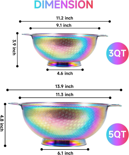 Rainbow Strainer for Kitchen, 3QT, Stainless Steel Colander with Handle for Fruits Vegetables Cooking Food, Dishwasher Safe