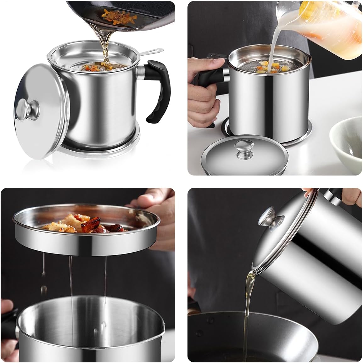 Grease Container with Fine Mesh Strainer kitchen oil storage tank pot (1.8 L Silver)