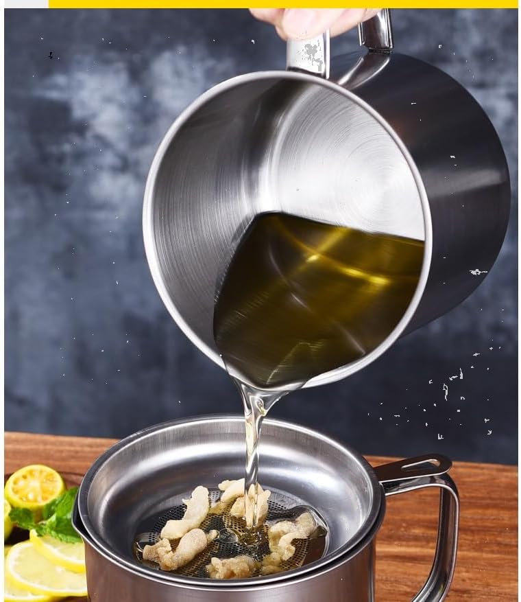 Grease Container with Fine Mesh Strainer kitchen oil storage tank pot (1.8 L Silver)