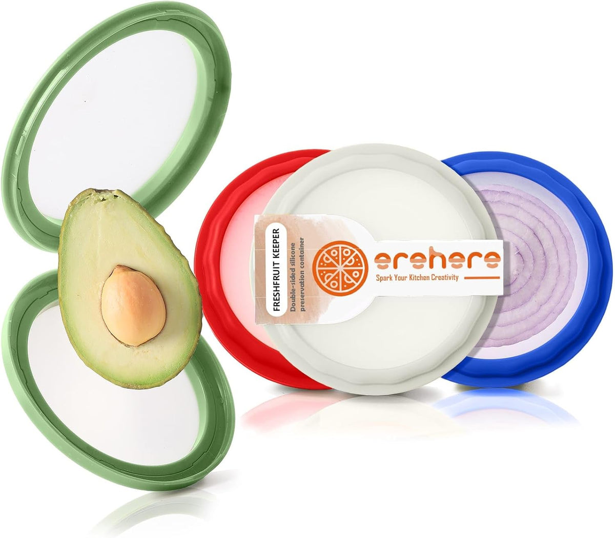 Silicone Food Storage Containers, 4Pcs Avocado Saver Produce Holder | Keep avocados fresh! Reusable Onion Storage for tomato, lemons, garlic & potato. Fresh fruit fridge organizers.