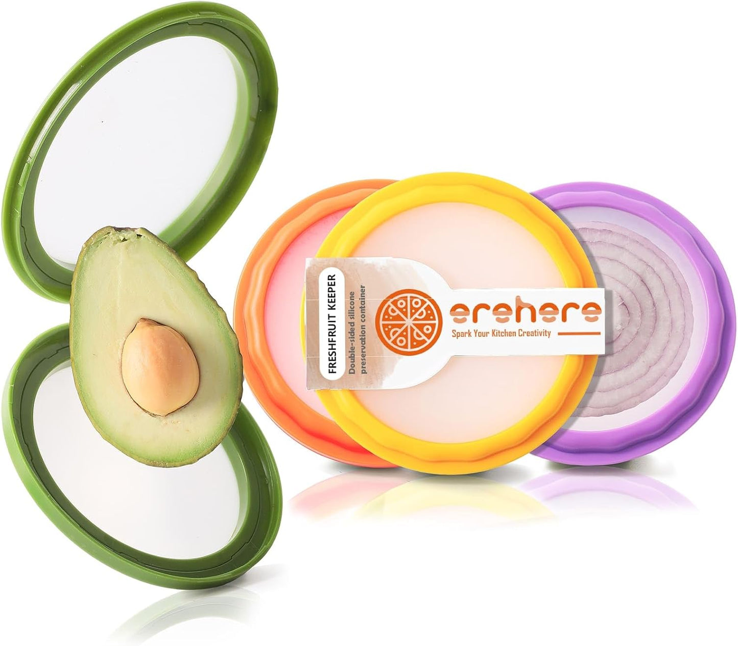 Silicone Food Storage Containers, 4Pcs Avocado Saver Produce Holder | Keep avocados fresh! Reusable Onion Storage for tomato, lemons, garlic & potato. Fresh fruit fridge organizers.