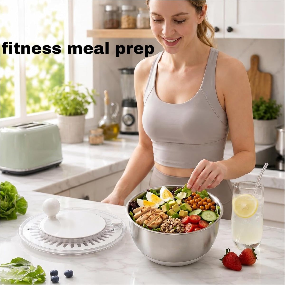 Salad Spinner Dishwasher Safe Stainless Steel Salad Spinner, 5.3 Qt Vegetable Washer, Lettuce Spinner with Non-Slip Base and Stop Button, Transparent Lid & Drainage Hole