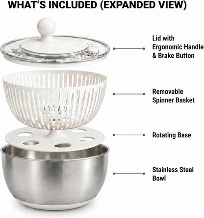 Salad Spinner Dishwasher Safe Stainless Steel Salad Spinner, 5.3 Qt Vegetable Washer, Lettuce Spinner with Non-Slip Base and Stop Button, Transparent Lid & Drainage Hole