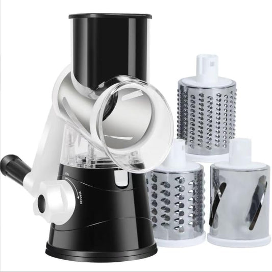 3-in-1 Rotary Cheese Grater, Hand Crank Shredder with 3 Interchangeable Blades for Cheese, Veggies, Nuts, Black