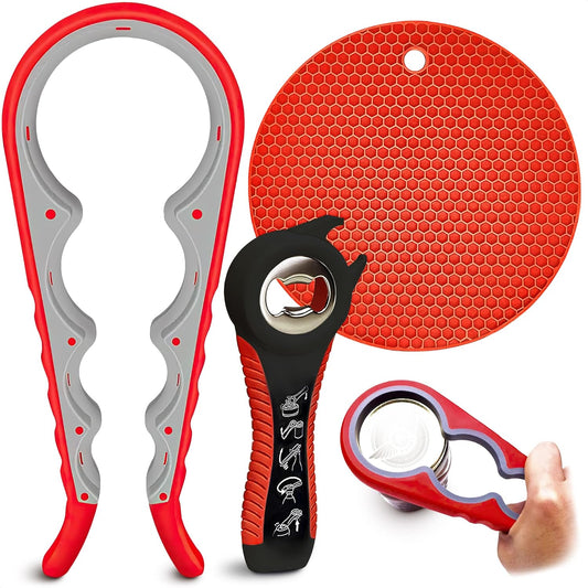3 Pcs Rubber Jar Opener Grippers Tools for Seniors - Rubber Jar Opener Gripper Pad and 2 Openers for Seniors with Weak Hands, Ergonomic Handle, Easy to Use, Fits Up to 2.7 Inch Caps, Gifts for Grandpa