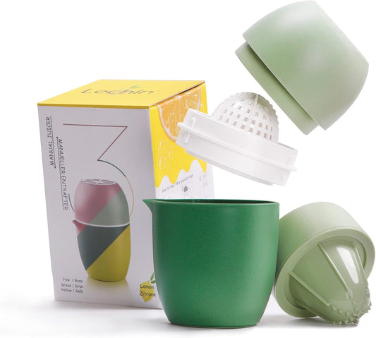 Hand Juicer, Lemon Squeezer, Two Squeezing Options, Green | Unique lemon shape, for various fruits, dishwasher-safe, with strainer and container, 480 ml