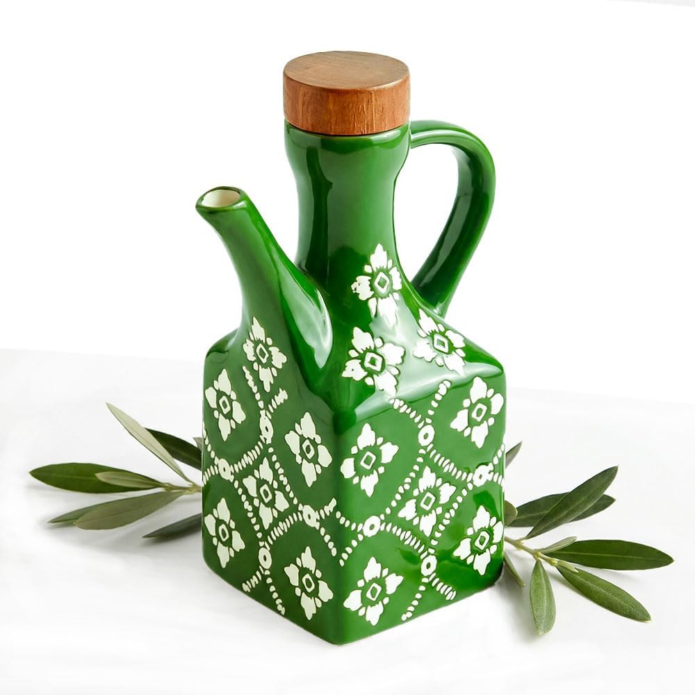 Ceramic Olive Oil Dispenser Bottle, 8.5 oz Decanter for Kitchen with Handle & Wooden Stopper, Green Decorative Oil and Vinegar Dispenser Set, Cooking Oil Container Cruet for Olive, Avocado, Vinegar