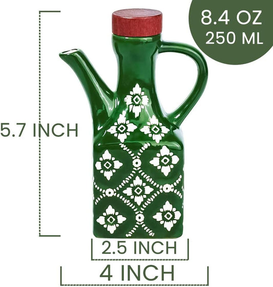 Ceramic Olive Oil Dispenser Bottle, 8.5 oz Decanter for Kitchen with Handle & Wooden Stopper, Green Decorative Oil and Vinegar Dispenser Set, Cooking Oil Container Cruet for Olive, Avocado, Vinegar