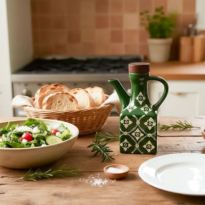 Ceramic Olive Oil Dispenser Bottle, 8.5 oz Decanter for Kitchen with Handle & Wooden Stopper, Green Decorative Oil and Vinegar Dispenser Set, Cooking Oil Container Cruet for Olive, Avocado, Vinegar