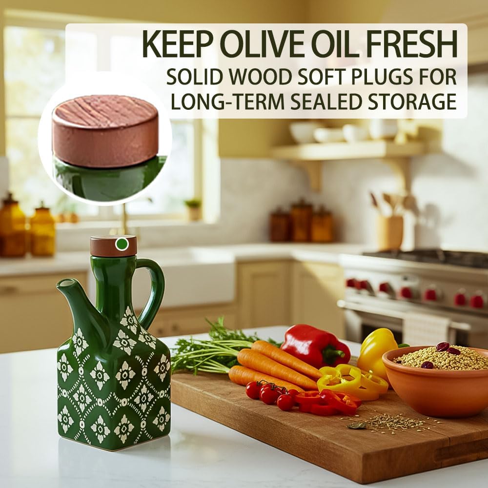 Ceramic Olive Oil Dispenser Bottle, 8.5 oz Decanter for Kitchen with Handle & Wooden Stopper, Green Decorative Oil and Vinegar Dispenser Set, Cooking Oil Container Cruet for Olive, Avocado, Vinegar